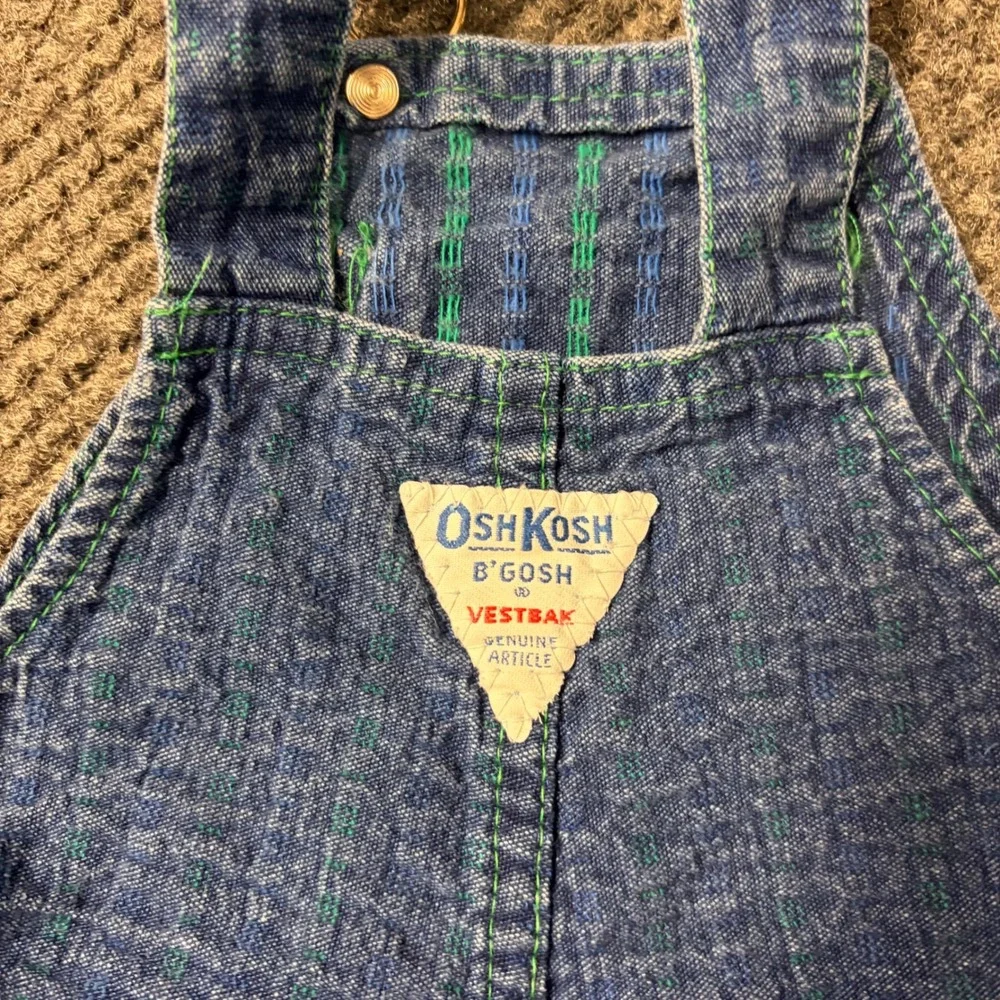 Vtg OshKosh Bgosh Vestbak Overalls 12M Blue Denim Green Dash Made in USA